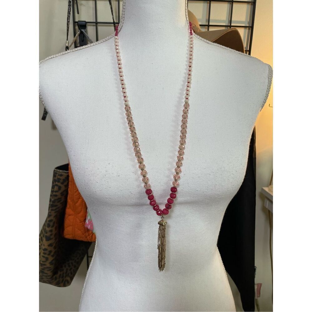 Valentines Beaded Tassel Necklace Red Pink with Gold Star Tassel
